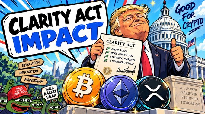 A cartoon-style illustration titled "CLARITY ACT IMPACT" showing a caricature of Donald Trump holding a signed "CLARITY ACT" document next to Bitcoin, Ethereum, and XRP logos, with "GOOD FOR CRYPTO" and various promotional text bubbles.