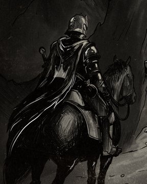 A black and white sketch of an armored knight with a flowing cape riding a horse, with a sword strapped to his back.