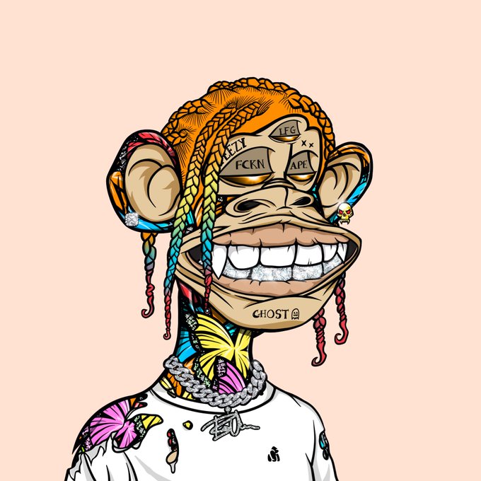 A colorful cartoon-style illustration of a smiling Bored Ape-style monkey with colorful braided hair, face tattoos reading 'LFELLY', 'LFG', 'FCKN', 'APE', and 'XX', and the text 'GHOST' with a skull icon below its mouth.