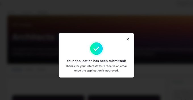 A confirmation dialog displays "Your application has been submitted!" with the message "Thanks for your interest! You'll receive an email once the application is approved," accompanied by a green checkmark, corresponding to the user's post about successfully submitting their application to become an arcitecth on Arc after reaching 500 points.
