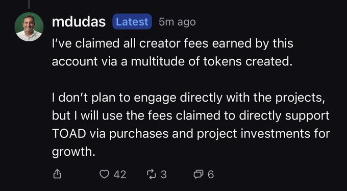 A screenshot shows mdudas posting in Discord about claiming all creator fees earned by his account to reinvest directly into supporting $TOAD through purchases and project investments. This aligns with the bullish sentiment that reinvesting fees into $TOAD creates more demand and stronger long-term growth.