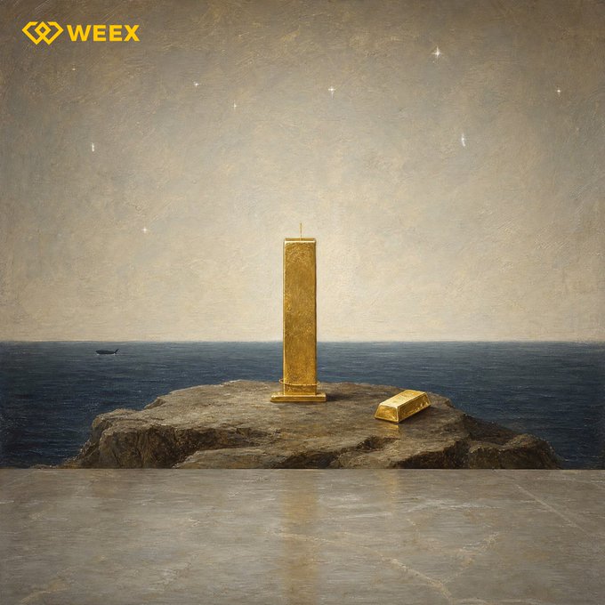 A golden monolith stands on a rocky island against a starry sky with the WEEX logo in the corner, visually embodying the brand's tagline "Trading Everything Everywhere" by presenting a powerful, monolithic symbol of value and stability amid a vast, boundless seascape. The solitary gleaming structure on an isolated outcrop serves as a metaphor for WEEX's singular, elevated presence in the global trading landscape.