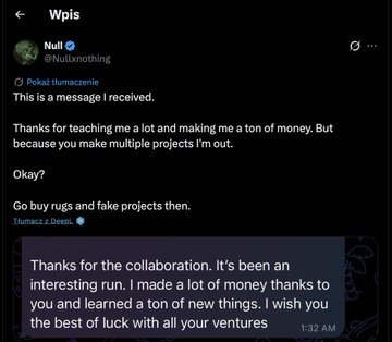 A Twitter/X post by Null (@Nullsnotnothing) sharing a quoted message from Polsat thumaczenie about ending collaboration, with Tłumacz z Deeni's reply wishing them luck on future ventures.