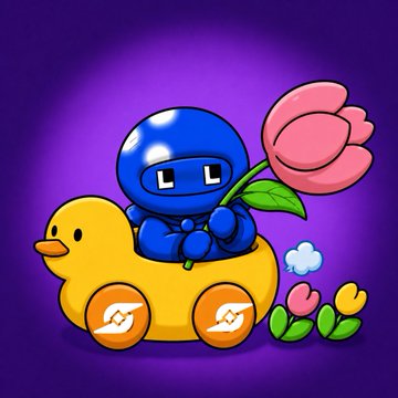 A cute cartoon illustration of a blue ninja-like character with an 'LI' logo face, holding a pink rose while riding in a yellow rubber duck car on a purple background.