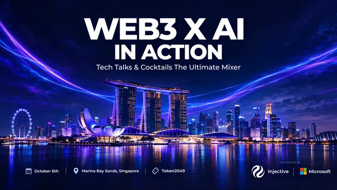 Promotional banner for 'WEB3 X AI IN ACTION' event featuring 'Tech Talks & Cocktails The Ultimate Mixer' at Marina Bay Sands, Singapore on October 6th, co-hosted by Injective, Microsoft, and Token2049.