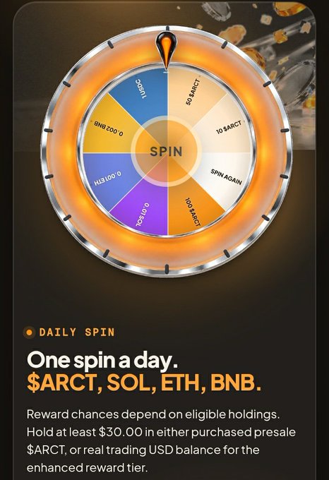 A 'Daily Spin' promotional graphic featuring a prize wheel with rewards in $ARCT, SOL, ETH, and BNB, requiring holdings of at least $30.00.