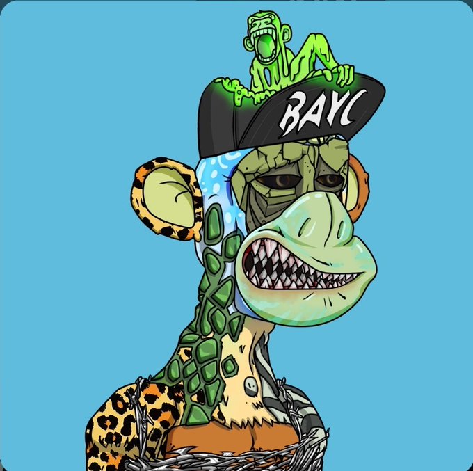 The image features a cartoon monkey wearing a hat with the word "BAYC" written on it, sitting atop a bird's nest made of wire mesh. The monkey appears to be wearing a leopard print outfit that includes an orange shirt and a green hat adorned with spikes. The background is a solid blue color, providing a stark contrast to the monkey's attire. In the bottom right corner of the image, there are several Chinese apes, including one with a leopard print outfit similar to the monkey in the center of the photo.