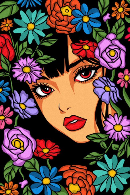 A vibrant, colorful pop-art style illustration of a woman with striking red eyes and lips, surrounded by an array of bright flowers in red, purple, blue, and orange.