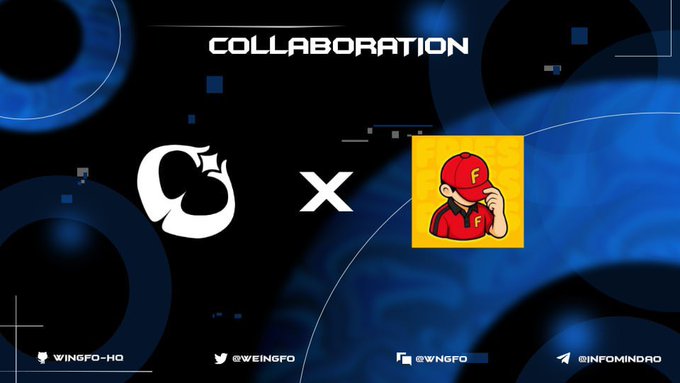 A dark blue collaboration graphic displays "COLLABORATION" at the top, featuring the WeiNGFO logo (a stylized apple with a bite) and an "X" between it and a cartoon character in a red cap and hoodie with an "F" emblem, representing FriesDotFunRH. Social handles for @WEINGFO, @WNGFO, and @INFOMINDRO appear at the bottom, promoting a partnership to mint $FRIES tokens with a supply of 5,000.