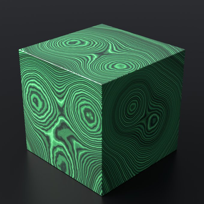 A glowing green cube displays an intricate malachite-like pattern of concentric rings and swirling bands across its three visible faces, mirroring the mathematically generated malachite blocks described in the post as artworks launching on the Robinhood Crypto chain via OpenSea.