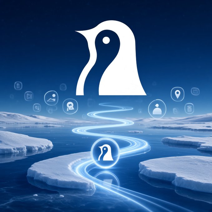 A digital graphic featuring the Proton VPN penguin logo on an icy arctic landscape with a glowing blue path and floating app icons.