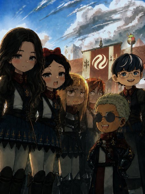 An anime-style group portrait features several characters including a long-haired girl, a girl with a red bow, and a boy in dark clothing, posed before a banner with a coffee logo and cloudy sky.