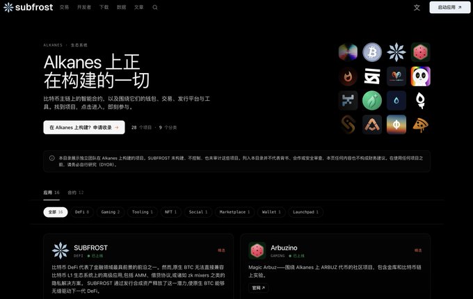 The image shows the Subfrost ecosystem directory page for Alkanes, displaying a grid of project icons and categorized listings (DeFi, Gaming, Tooling, NFT, Social, Marketplace, Wallet, Launchpad) with featured projects like SUBFROST and Arbuzino. The header reads "Alkanes上正在构建的一切" (Everything being built on Alkanes), showcasing 28 projects in total as an overview of the Alkanes development ecosystem.