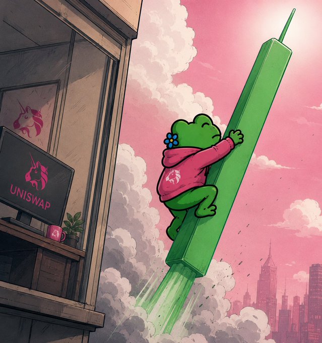 A green frog character in a pink hoodie rides a giant green candle rocket skyward past a building displaying a "UNISWAP" sign with the unicorn logo, while the city skyline recedes below—capturing the $froggy meme's "to the moon" vibe.