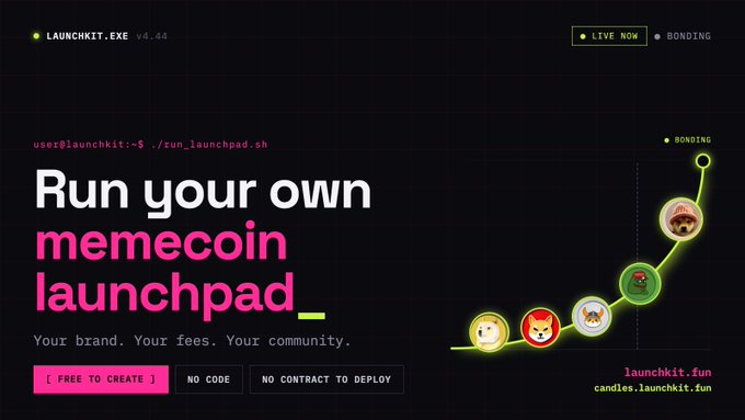 A website banner for 'LAUNCHKIT.EXE v4.4d' promoting 'Run your own memecoin launchpad' with the text 'Your brand. Your fees. Your community.' and tags 'FREE TO CREATE', 'NO CODE', 'NO CONTRACT TO DEPLOY' alongside a bonding curve graphic.