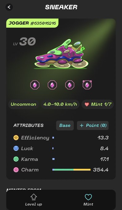 A mobile app screen displaying a STEP'N digital sneaker NFT called 'JOGGER #635016216' at Level 30, with attributes for Efficiency, Luck, Karma, and Charm.