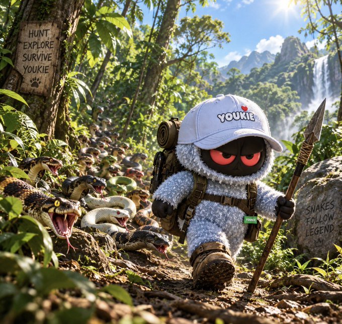 A character in a fluffy grey costume wearing a 'YOUKIE' cap holds a spear while walking through a jungle filled with snakes, with signs reading 'HUNT EXPLORE SURVIVE YOUKIE' and 'SNAKES FOLLOW LEGEND'.