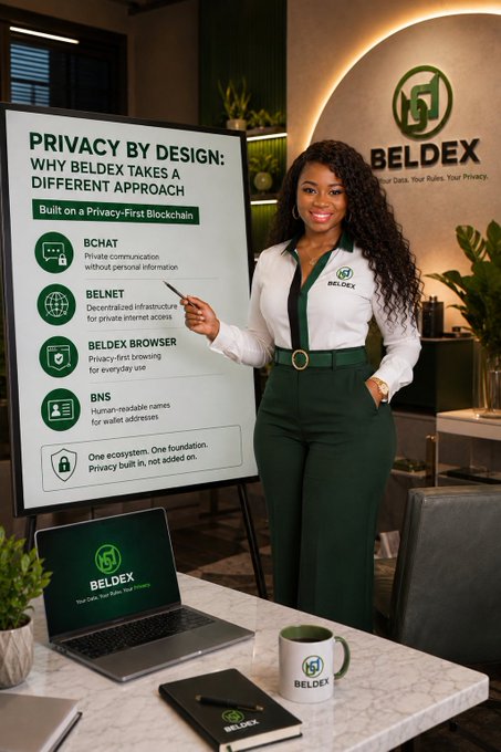 A professional woman in a Beldex-branded white and green outfit stands beside an easel displaying "Privacy by Design: Why Beldex Takes a Different Approach," which outlines five privacy-focused tools—BChat, BelNet, Beldex Browser, BNS, and an ecosystem built on a privacy-first blockchain. The accompanying laptop, mug, and notebook all feature the Beldex logo, visually reinforcing the post's emphasis on Beldex's commitment to embedding privacy into its entire ecosystem rather than treating it as an add-on feature.