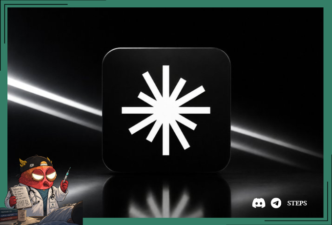 A black rounded square app icon features a white starburst design, framed by a green border with a small cartoon doctor character in the corner and "STEPS" text.