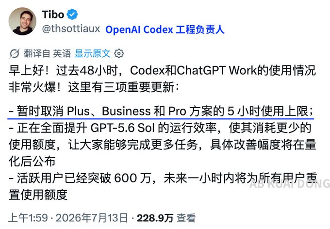 The image shows a Chinese-translated tweet from Tibo (@thsottiaux), OpenAI Codex engineering lead, announcing three updates: temporarily lifting the 5-hour usage cap for Plus, Business, and Pro plans; improving GPT-5.6 Sol efficiency; and resetting usage limits for all 6M+ active users within an hour, posted July 13, 2026 with 2.289M views. The post's commentary on the "token scene" relates to the image's reveal that OpenAI is actively managing its token allocation system to handle surging demand, highlighting the operational complexity and rapid scaling behind the token economy narrative.