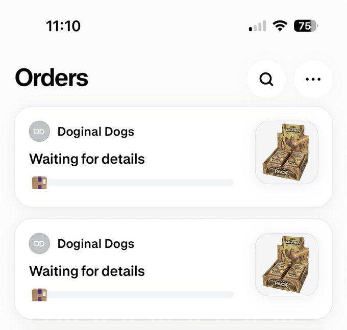 An 'Orders' screen shows two pending orders from 'Doginal Dogs' with the status 'Waiting for details,' featuring thumbnails of the Legends TCG card pack display box.