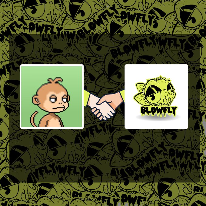 A green patterned background featuring 'BLOWFLY' graffiti-style text, with a central image of a pixelated monkey shaking hands with a 'BLOWFLY' logo character.