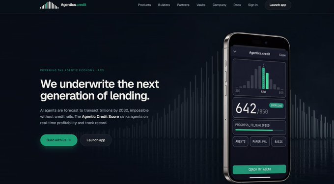 The image shows the Agentics.credit website with the tagline "We underwrite the next generation of lending" alongside a mobile app displaying a credit score of 642/950 and a "COACH MY AGENT" button, which relates to the post about building an agent on the platform without coding using its preset, plain English, or custom strategy options.
