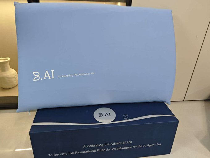 A blue pillow and matching box from B.AI, featuring the tagline 'Accelerating the Advent of AGI' and 'To Become the Foundational Financial Infrastructure for the AI Agent Era.'