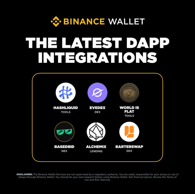 Binance Wallet announcement showcasing "THE LATEST DAPP INTEGRATIONS" featuring six new partners: Hashliquid (Tools), EVEDEX (DEX), World Is Flat (Tools), Basedbid (DEX), Alchemix (Lending), and Barterswap (DEX). The image supports the post by highlighting EVEDEX among the newly integrated decentralized applications, emphasizing its addition to the Binance Wallet ecosystem for expanded perpetual trading access.