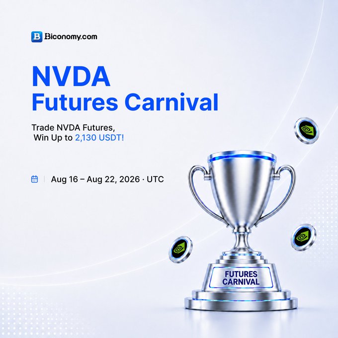 A promotional graphic for Biconomy.com advertising an 'NVDA Futures Carnival' trading event with a silver trophy and the text 'Trade NVDA Futures, Win Up to 2,130 USDT!' running from Aug 16 – Aug 22, 2026.