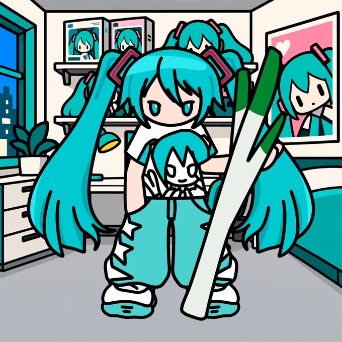 An illustration depicts a Hatsune Miku chibi figure with teal twin-tails, holding a leek and a smaller Miku plush, surrounded by shelves of additional Miku figures and merchandise in a bedroom setting. The image relates to the post by showcasing the beloved "1/1 Hatsune Miku on reveal" anime collectible, complementing the fan's excitement about the artwork created by @unbearableKnife.