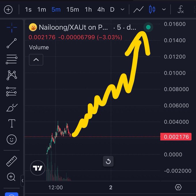 A cryptocurrency trading chart showing 'Nailoong/XAUt on P...' with a hand-drawn yellow arrow pointing upward along the price trend.