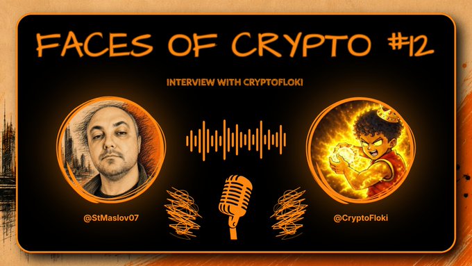 Promotional graphic for "Faces of Crypto #12" featuring an interview with @CryptoFloki, displaying his circular illustrated avatar alongside @StMaslov07's portrait, separated by a podcast microphone and audio waveform on a fiery black background.