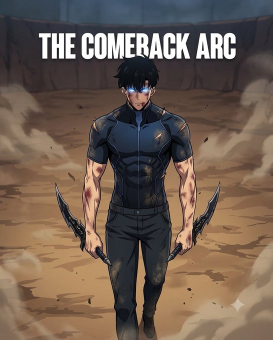 An anime-style illustration of a muscular character with glowing blue eyes holding two curved blades, labeled 'THE COMERACK ARC.'
