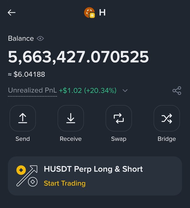 The image shows a trading app with a black background displaying various options for users to choose from. The main focus of the image is a message that reads "The number of H tokens yesterday was worth 4 million dollars, and now it's only worth 6 dollars That' s truly insane". This message highlights the extreme value of the H token in question, which has been inflated by a significant amount over time.