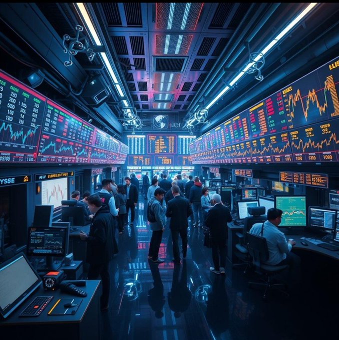 A futuristic, neon-lit stock trading floor filled with people working at computer terminals surrounded by glowing financial charts and data screens.