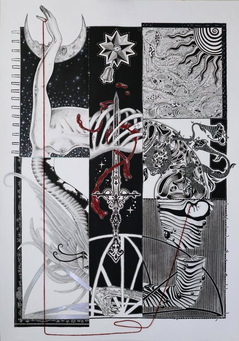 A detailed black, white, and red ink drawing on a spiral-bound notebook page, featuring surreal imagery like a crescent moon, a serpentine figure, a star, and a stylized female figure.