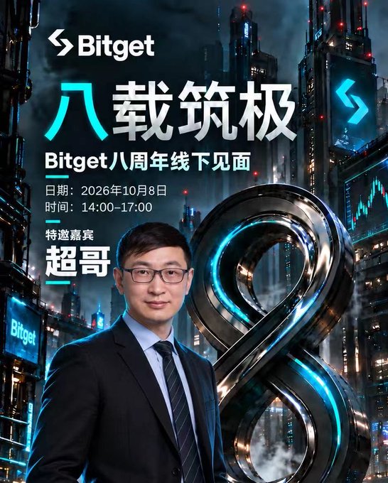 This image is a promotional poster for Bitget's 8th anniversary offline meetup, featuring the Chinese slogan "八载筑极" (Eight Years of Building the Extreme) alongside the date October 8, 2026, from 14:00-17:00, with special guest "超哥" (Brother Chao) pictured in a suit against a futuristic cityscape backdrop with a large "8" and Bitcoin imagery. The poster directly supports the post's invitation by advertising the specific date and in-person event details where attendees can meet face-to-face.