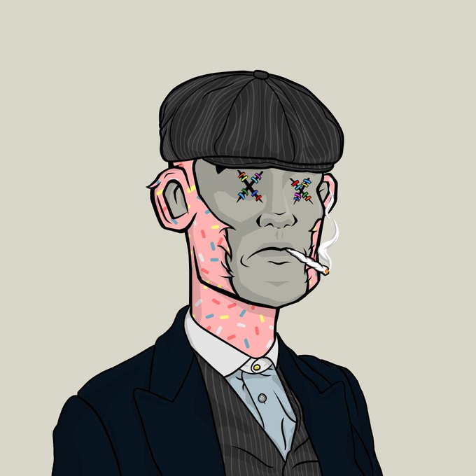 A digital illustration of a man in a pinstripe flat cap and suit with colorful sprinkles scattered across his face and neck, smoking a cigarette.
