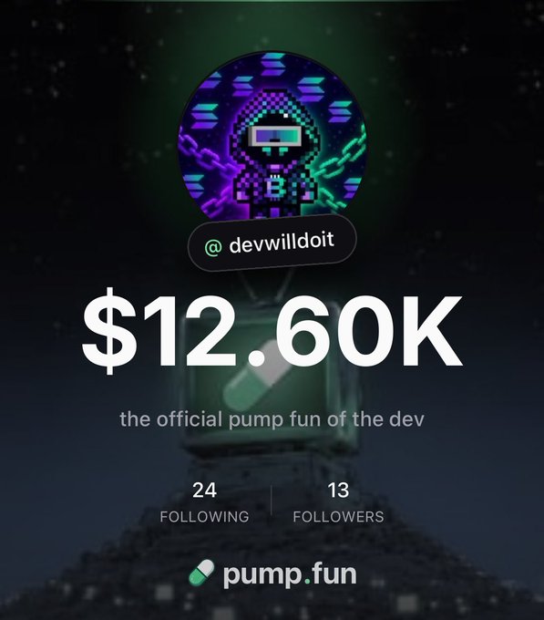 A digital profile page displaying a pixel-art character avatar for '@devwilldoit', showing a market value of '$12.60K' and identifying it as 'the official pump fun of the dev' on the pump.fun platform.