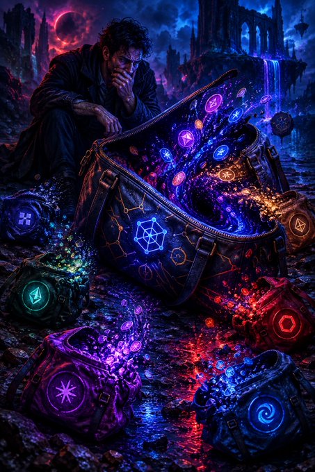 A fantasy digital artwork depicts a thoughtful man beside a glowing magical bag overflowing with colorful rune-emblazoned orbs and pouches against a dark, mystical landscape.