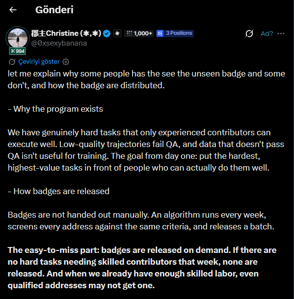 A screenshot of a Twitter/X post from user @xsexybanana (都士Christine) explaining how 'unseen' badges are distributed to contributors on a task platform, noting badges are algorithmically released weekly based on skilled labor needs.