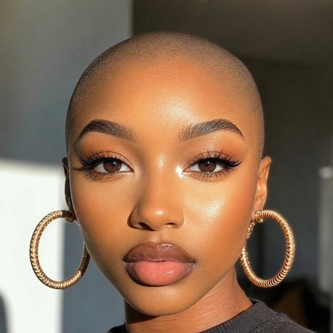 A close-up portrait of a stunning bald woman with flawless glowing skin, dramatic eyelashes, glossy brown lips, and large gold hoop earrings, staring directly into the camera. Perfect for a "Who is this" guessing game where playful wrong answers are encouraged.