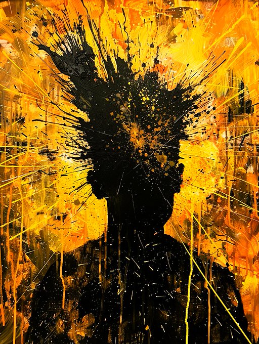 An abstract painting featuring a black silhouette of a person's head and shoulders against a vibrant yellow and orange splattered background.