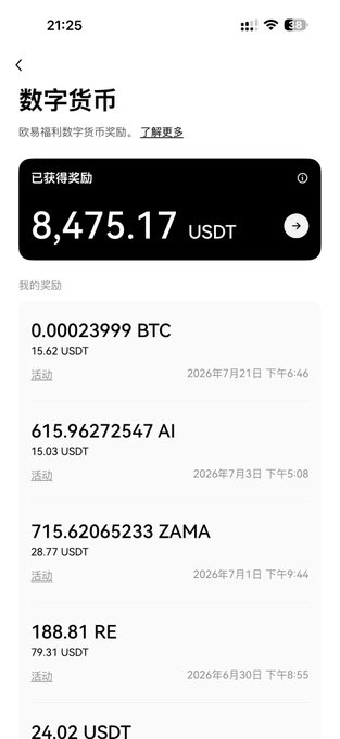 A mobile screenshot of a '数字货币' (Digital Currency) rewards page in Chinese, showing 8,475.17 USDT earned along with a transaction history including 0.00023999 BTC (15.62 USDT), 615.96272547 AI (15.03 USDT), 715.62065233 ZAMA (28.77 USDT), and 188.81 RE (79.31 USDT).