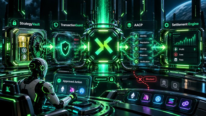 A futuristic sci-fi scene with green holographic interfaces labeled 'StrategyVault', 'TransactionGuard', 'AACP', and 'Settlement Engine' shows a robot monitoring 'Approved Action' and 'Blocked' transactions.