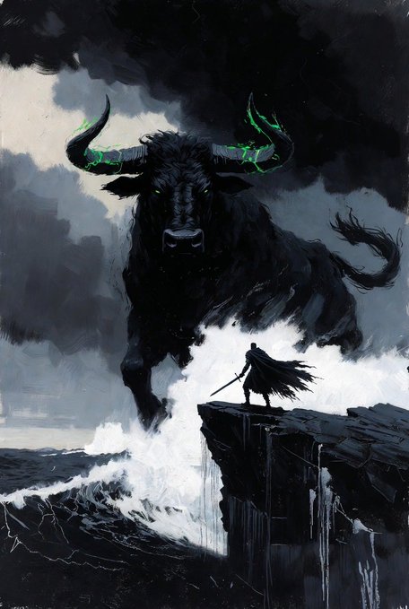 A lone cloaked figure with a sword stands defiantly on a cliff's edge, facing a massive, shadowy bull with glowing green horns emerging from dark storm clouds—evoking a sense of confronting overwhelming market forces. The imagery mirrors the caption's sentiment of standing apart from panicked crowds, portraying the trader as a brave warrior facing a colossal beast of volatility with calm resolve and vision for opportunity.