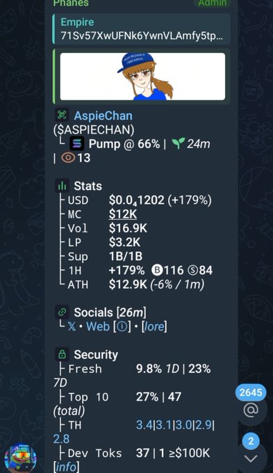 A dark-themed screenshot of a token tracking app displaying information for '$ASPIECHAN' (AspieChan), showing stats including USD $0.0,1202, MC $12K, and a 'Pump @ 66%' indicator with 24m timeframe.