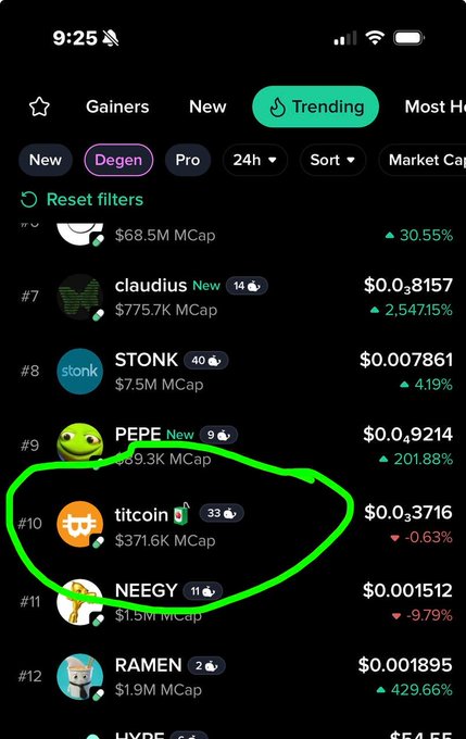 A cryptocurrency tracking app screenshot showing trending tokens including claudius, STONK, PEPE, titcoin (#10, highlighted with green circle, $371.6K MCap, -0.63%), NEEGY, and RAMEN.