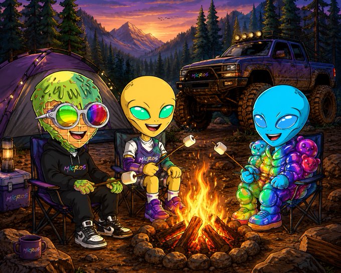 Cartoon illustration of three aliens roasting marshmallows around a campfire near a tent and monster truck, with 'Micro3s' branding visible.